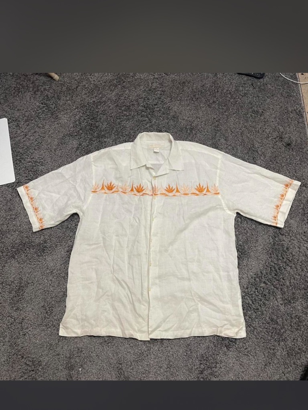 Casual Cream Short-Sleeve Button-Up Shirt with Orange Embroidered Trim